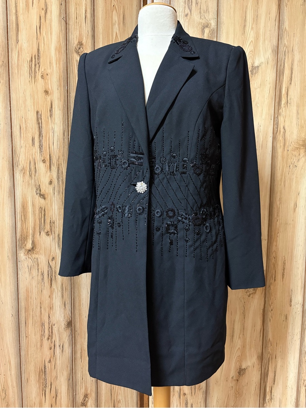 Black Beaded Long Blazer with Decorative Button